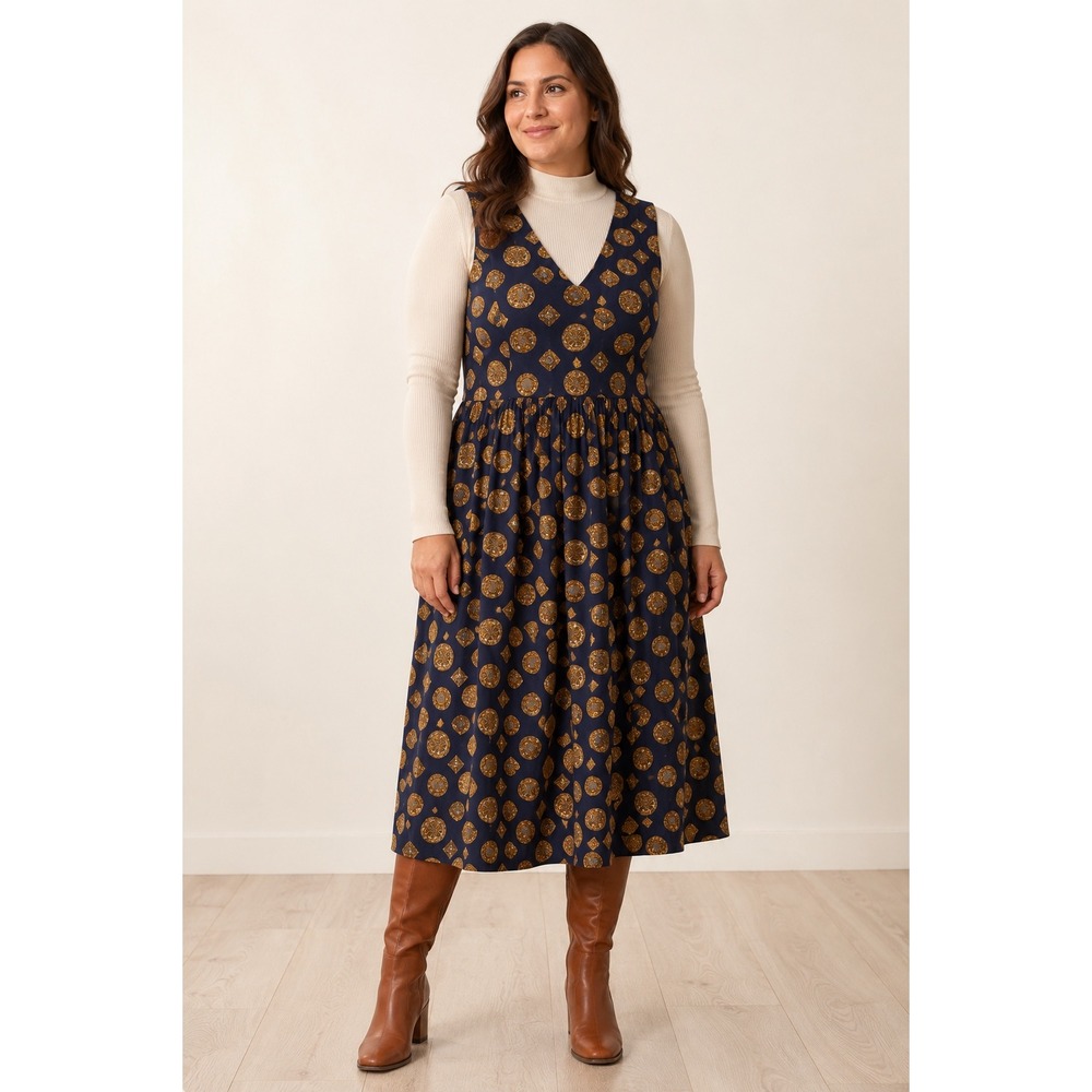 Vintage Bryn Connelly Petite Jumper Dress 12 Navy Gold Corduroy Midi 90s